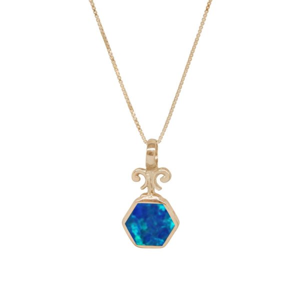 Yellow Gold Opalite Cobalt Blue Hexagonal Double Sided Pendant