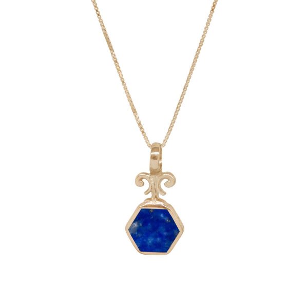 Yellow Gold Lapis Hexagonal Double Sided Pendant