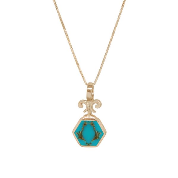 Yellow Gold Turquoise Hexagonal Double Sided Pendant