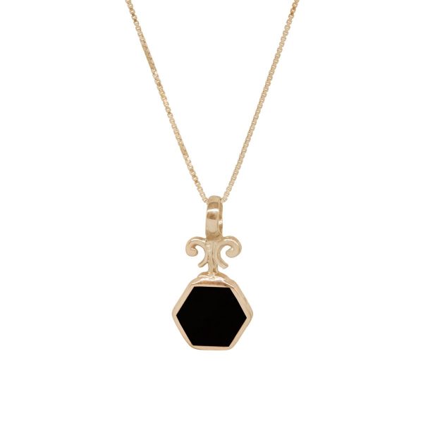 Yellow Gold Whitby Jet Hexagonal Double Sided Pendant