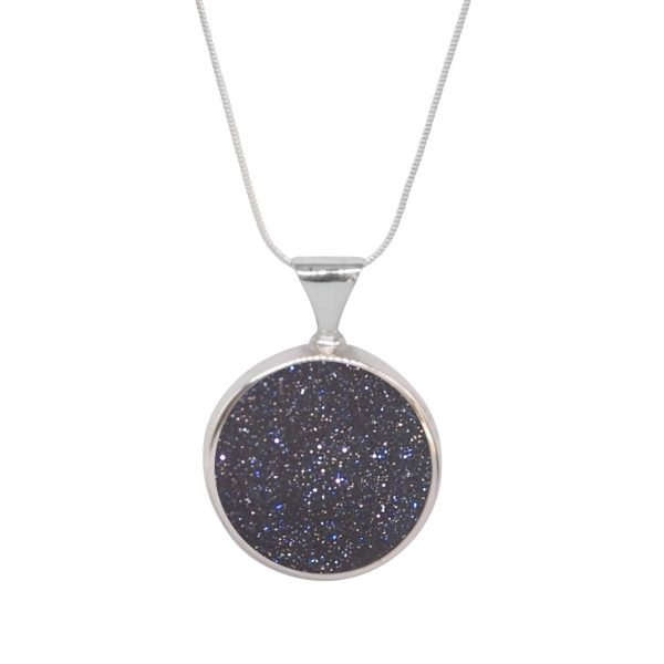 White Gold Blue Goldstone Round Double Sided Pendant