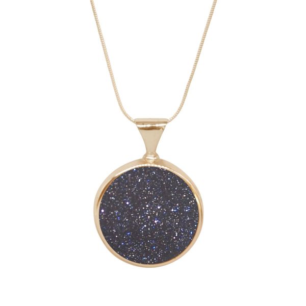 Yellow Gold Blue Goldstone Round Double Sided Pendant