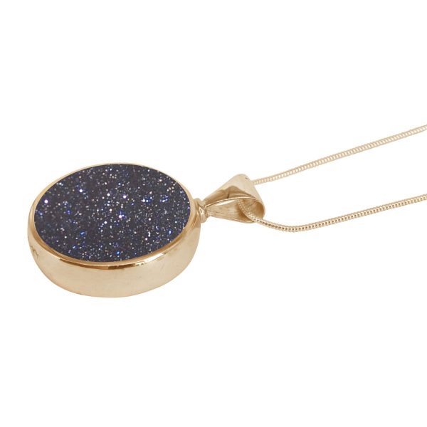 Yellow Gold Blue Goldstone Round Double Sided Pendant
