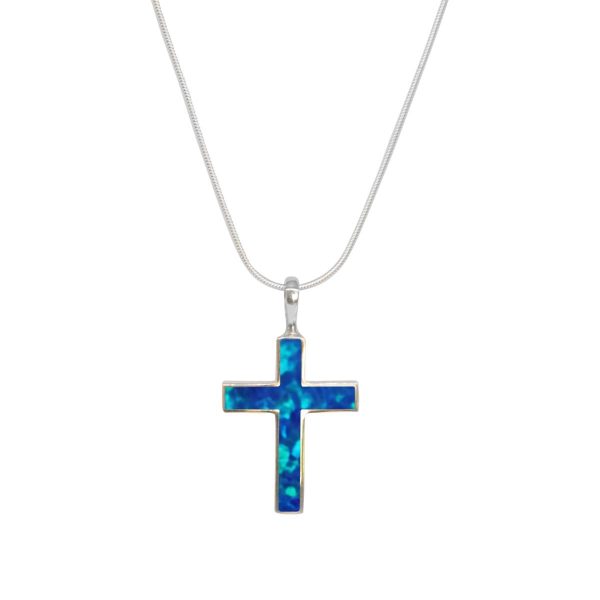 White Gold Opalite Cobalt Blue Cross Pendant