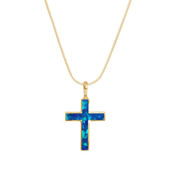 Yellow Gold Opalite Cobalt Blue Cross Pendant