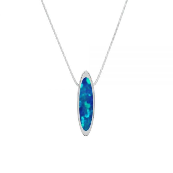 White Gold Opalite Cobalt Blue Elongated Oval Pendant