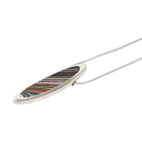 White Gold Fordite Elongated Oval Pendant