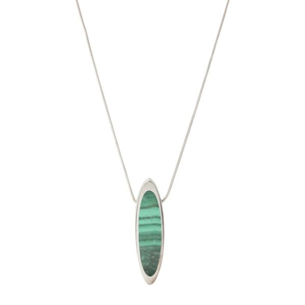 White Gold Malachite Elongated Oval Pendant