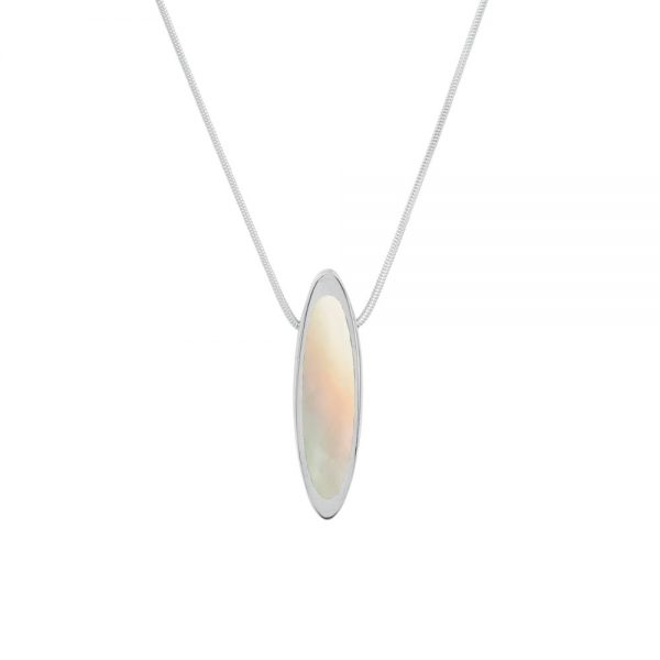 White Gold Mother of Pearl Elongated Oval Pendant