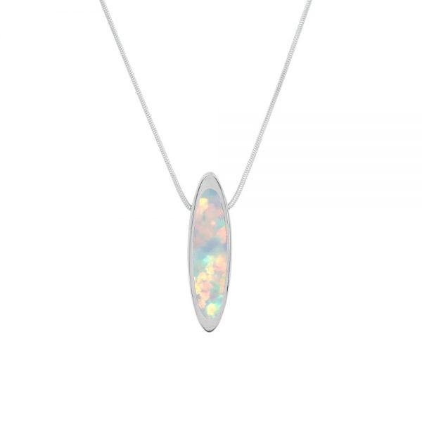 White Gold Opalite Sun Ice Elongated Oval Pendant