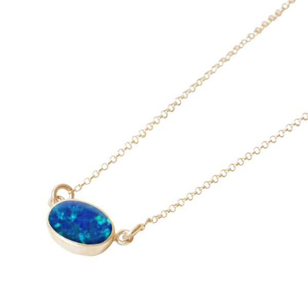 Yellow Gold Opalite Cobalt Blue Oval Single Stone Choker