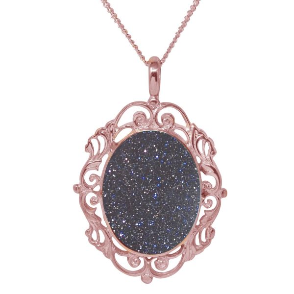 Rose Gold Blue Goldstone Ornate Oval Pendant