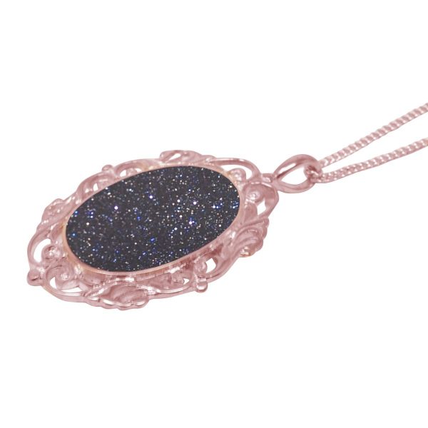 Rose Gold Blue Goldstone Oval Ornate Pendant