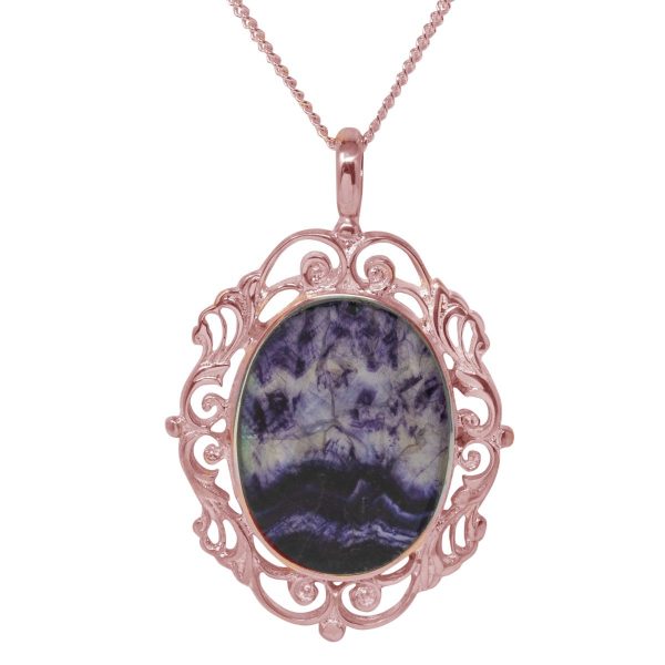 Rose Gold Blue John Ornate Oval Pendant