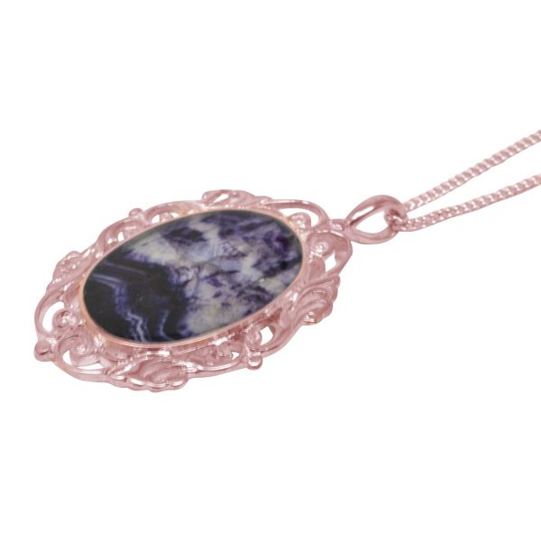 Rose Gold Blue John Oval Ornate Pendant