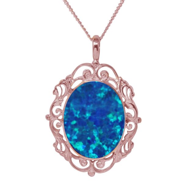 Rose Gold Cobalt Blue Ornate Oval Pendant