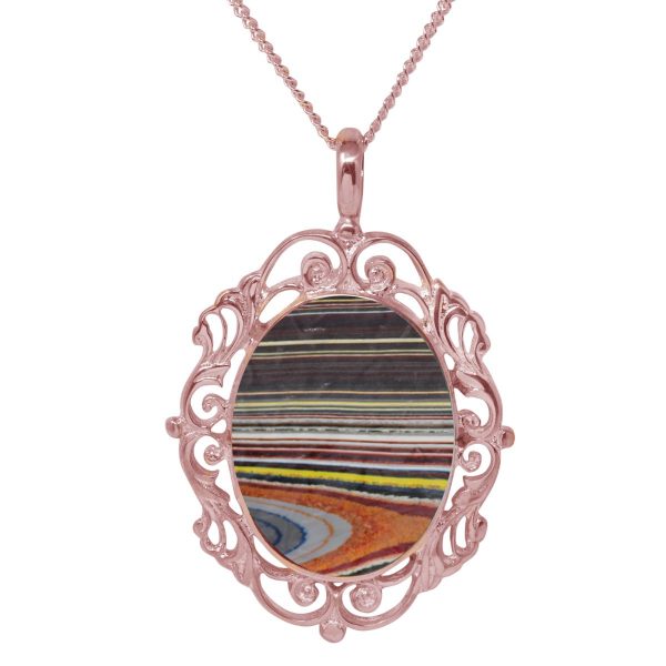 Rose Gold Fordite Ornate Oval Pendant