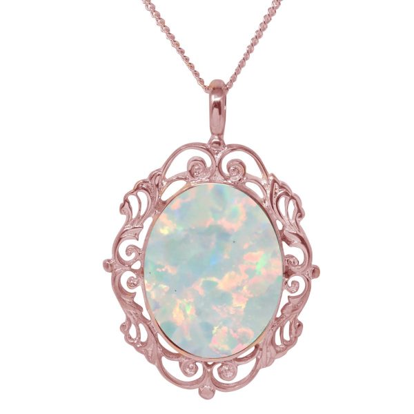 Rose Gold Opalite Sun Ice Ornate Oval Pendant