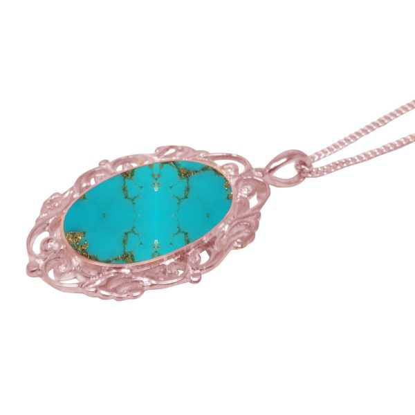 Rose Gold Turquoise Oval Ornate Pendant