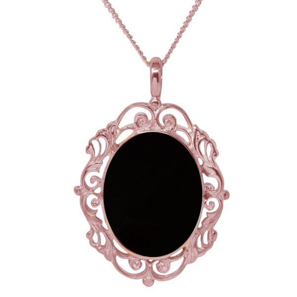 Rose Gold Whitby Jet Ornate Oval Pendant