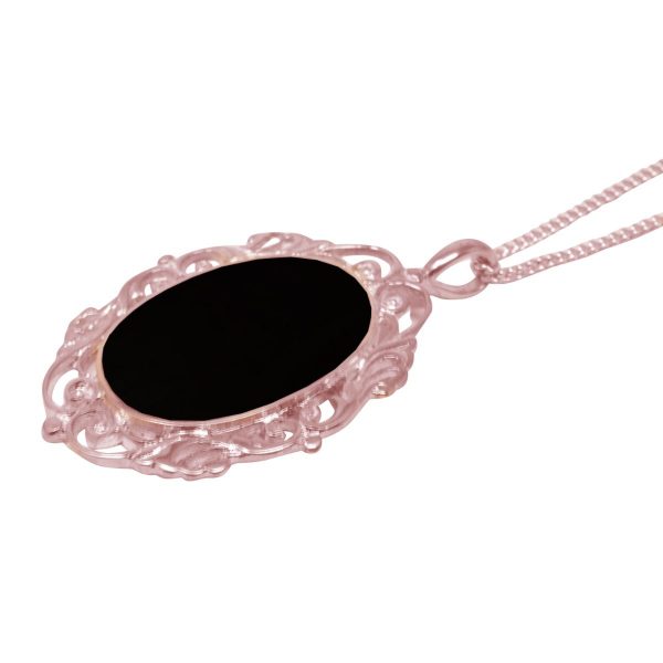 Rose Gold Whitby Jet Oval Ornate Pendant