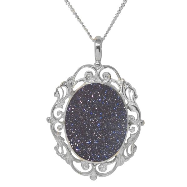 Silver Blue Goldstone Ornate Oval Pendant