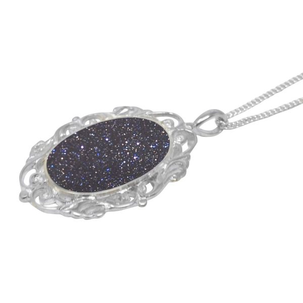 Silver Blue Goldstone Oval Ornate Pendant