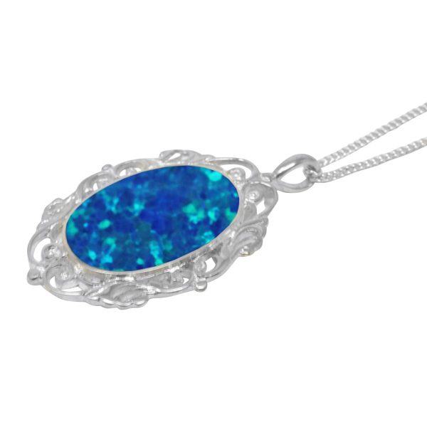 Silver Opalite Cobalt Blue Oval Ornate Pendant