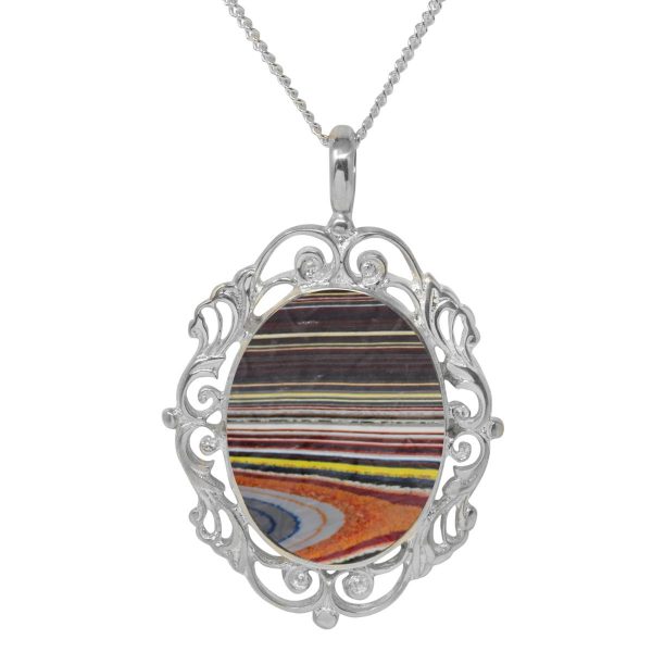 Silver Fordite Ornate Oval Pendant