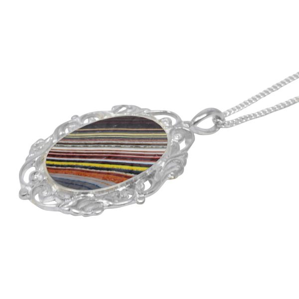 Silver Fordite Oval Ornate Pendant