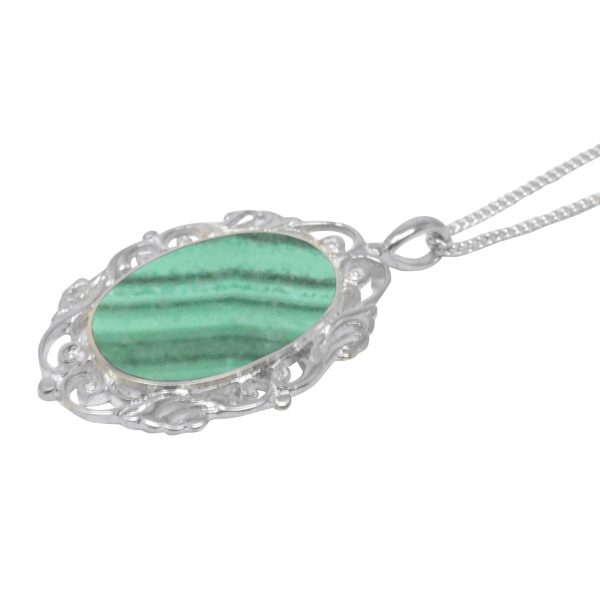 Silver Malachite Oval Ornate Pendant