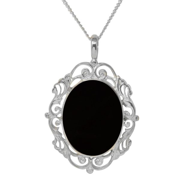 Silver Whitby Jet Ornate Oval Pendant