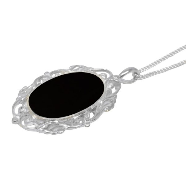 Silver Whitby Jet Oval Ornate Pendant