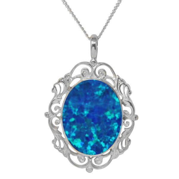 White Gold Opalite Cobalt Blue Oval Ornate Pendant