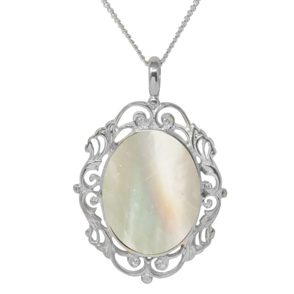 White Gold Mother of Pearl Oval Ornate Pendant