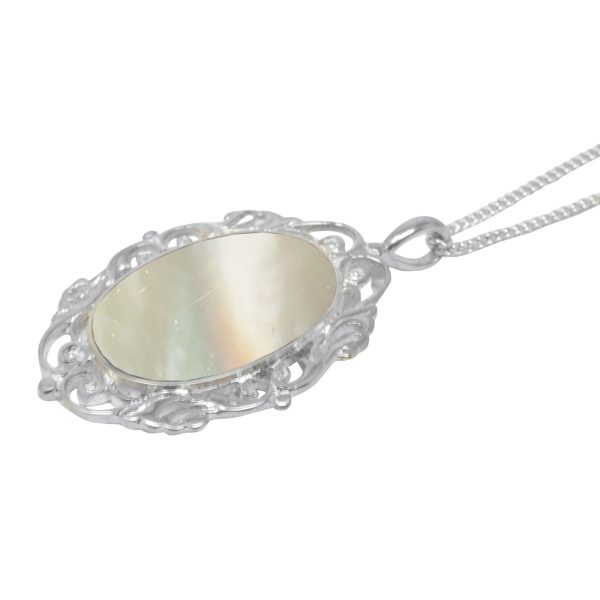 White Gold Mother of Pearl Oval Ornate Pendant