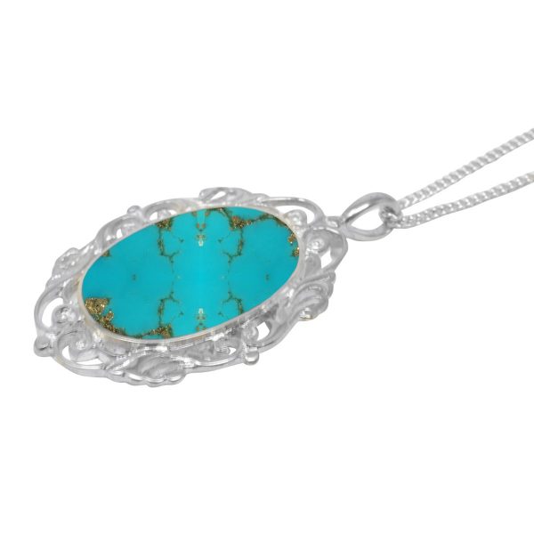 White Gold Turquoise Oval Ornate Pendant
