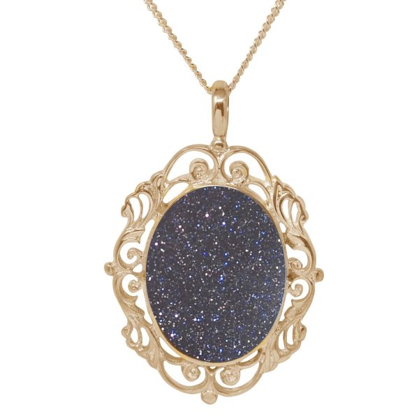 Yellow Gold Blue Goldstone Ornate Oval Pendant