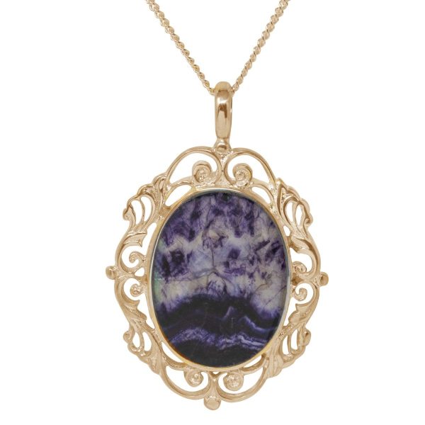 Yellow Gold Blue John Ornate Oval Pendant