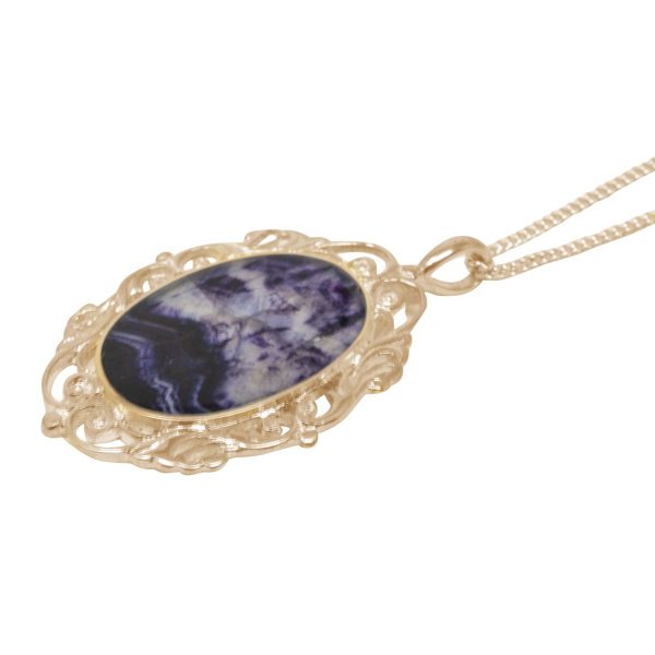 Yellow Gold Blue John Oval Ornate Pendant