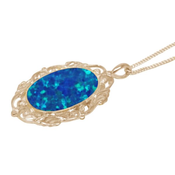 Yellow Gold Opalite Cobalt Blue Oval Ornate Pendant