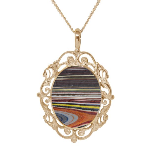 Yellow Gold Fordite Ornate Oval Pendant