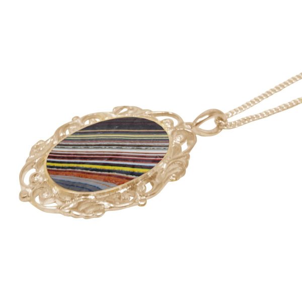 Yellow Gold Fordite Oval Ornate Pendant