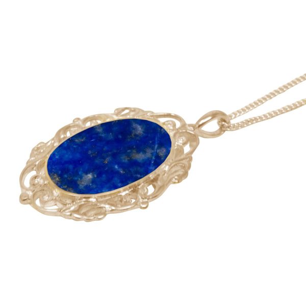 Yellow Gold Lapis Oval Ornate Pendant