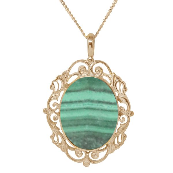 Yellow Gold Malachite Ornate Oval Pendant