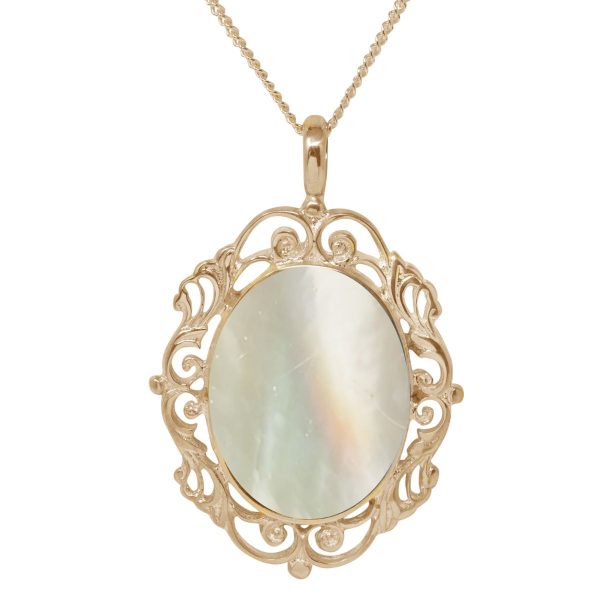 Yellow Gold Mother of Pearl Ornate Oval Pendant