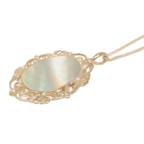 Yellow Gold Mother of Pearl Oval Ornate Pendant