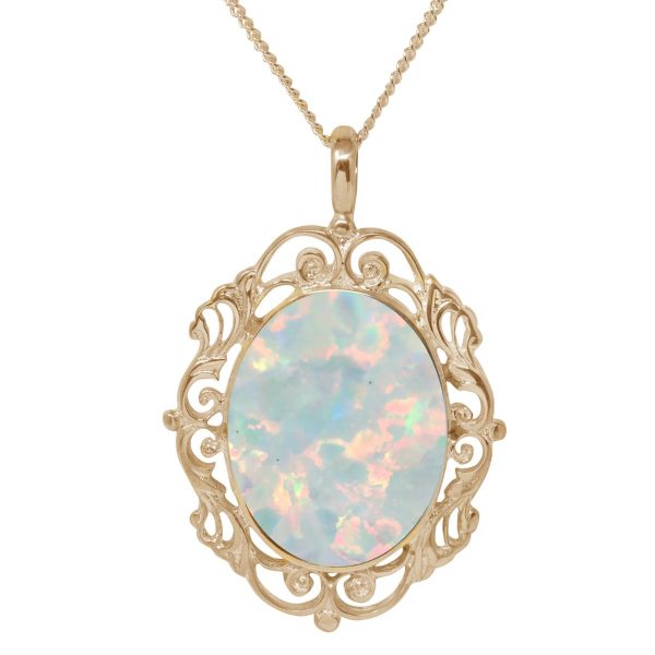 Yellow Gold Opalite Sun Ice Ornate Oval Pendant