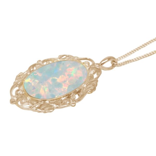 Yellow Gold Opalite Sun Ice Oval Ornate Pendant