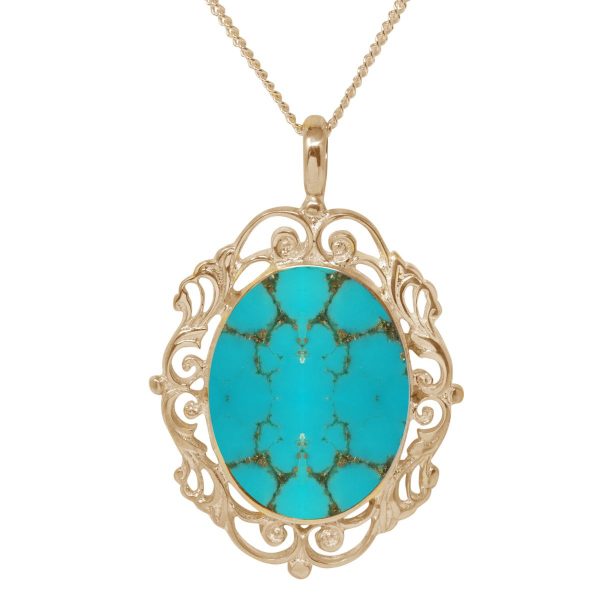 Yellow Gold Turquoise Ornate Oval Pendant